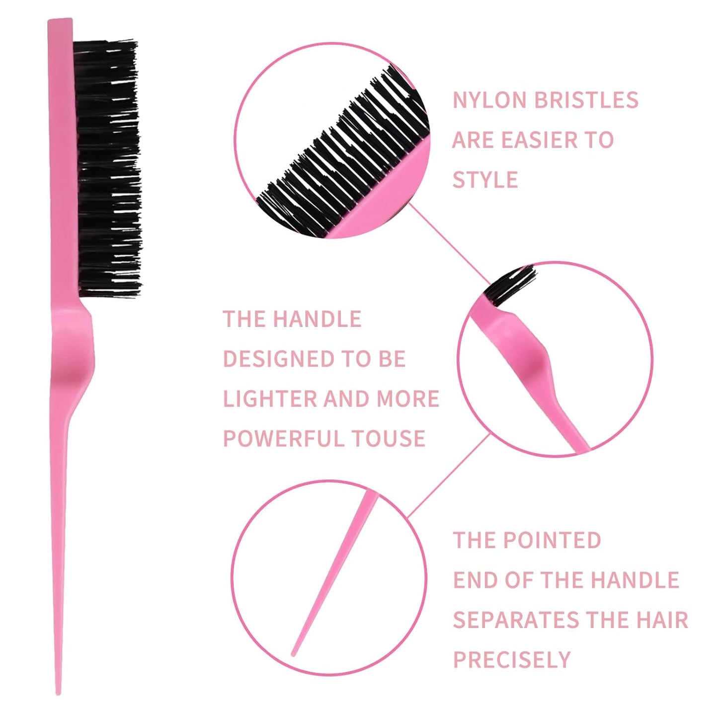 Detangler Brush Set for 3a,4c,Wig/Thick/Wavy/Curly/Wet Slick Back Hair Brushes,Rat Tail Combs,8-Row,Edge Brush,For braiding,teasing,parting,styling,kids,girls,women(Pink)