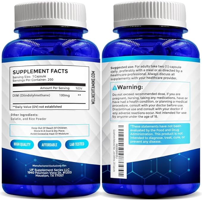 We Like Vitamins DIM 100mg 200 Capsules - 200 Day Supply - Diindolylmethane DIM Supplement for Support with Healthy Estrogen and Hormone Levels