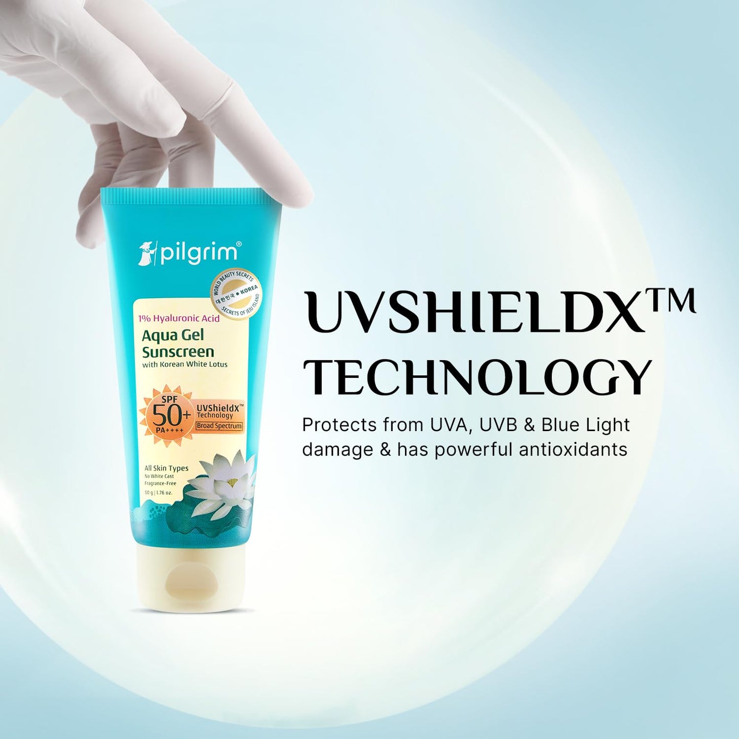 Pilgrim 1% Hyaluronic Acid Sunscreen Gel SPF 50 PA+++ | Broad Spectrum UVA/UVB & Blue Light Protection | Lightweight, Non-Greasy, Fast-Absorbing, Hydrating Aqua Gel | Face & Body | 1.76 Oz (50gm)