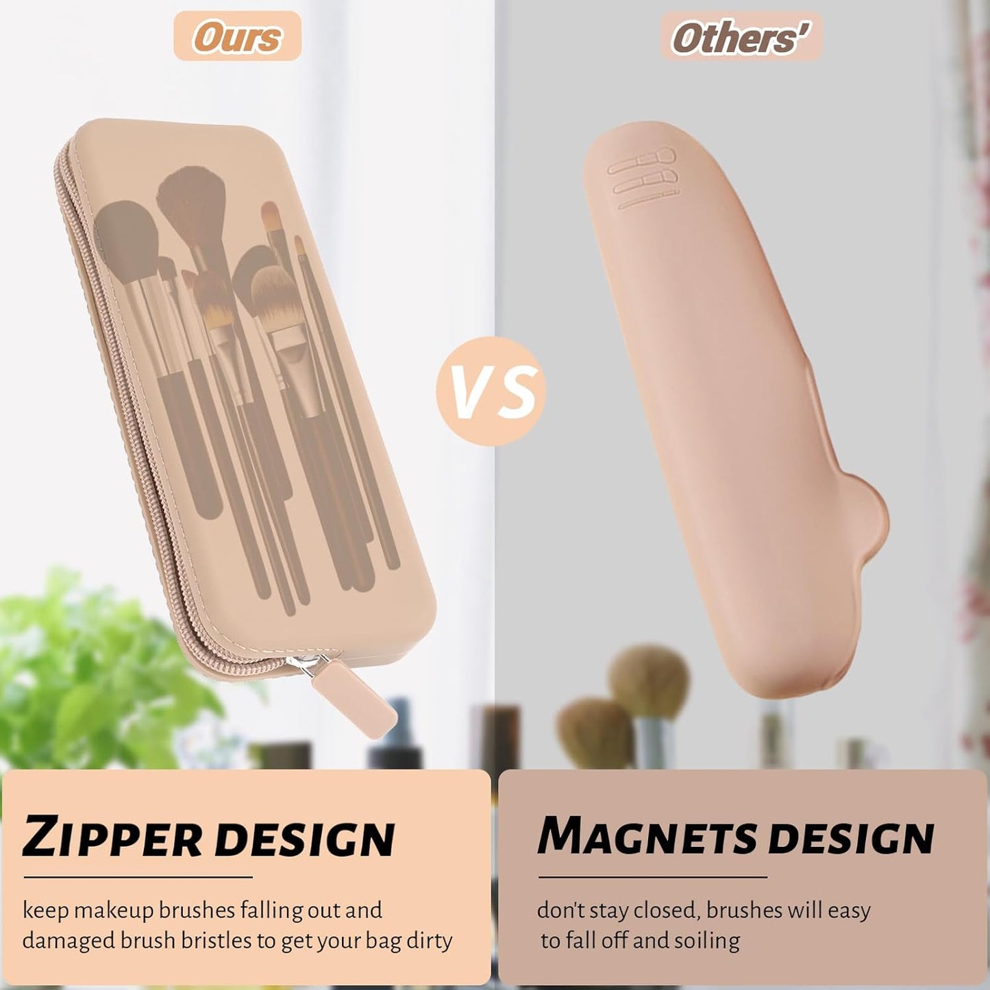 Sakolla Travel Makeup Brush Holder, Silicone Makeup Brush Bag with Zipper Closure, Makeup Brushes Organizer Case Washable Makeup Pouch Holder Case for Daily, Work, Essentials (Khaki)