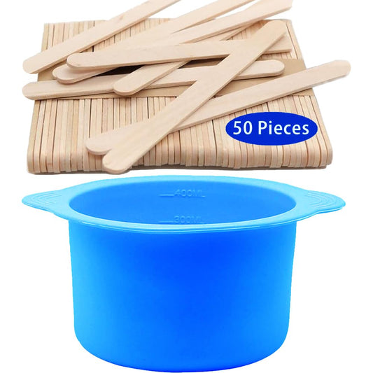 Silicone Wax pot Liner, Silicone Wax Bowl Warmer liner, Non-Stick Melt Pot Replacement, Reusable Melt Liner with 50 Pcs Waxing Sticks Body Hair Removal 14 oz Bule