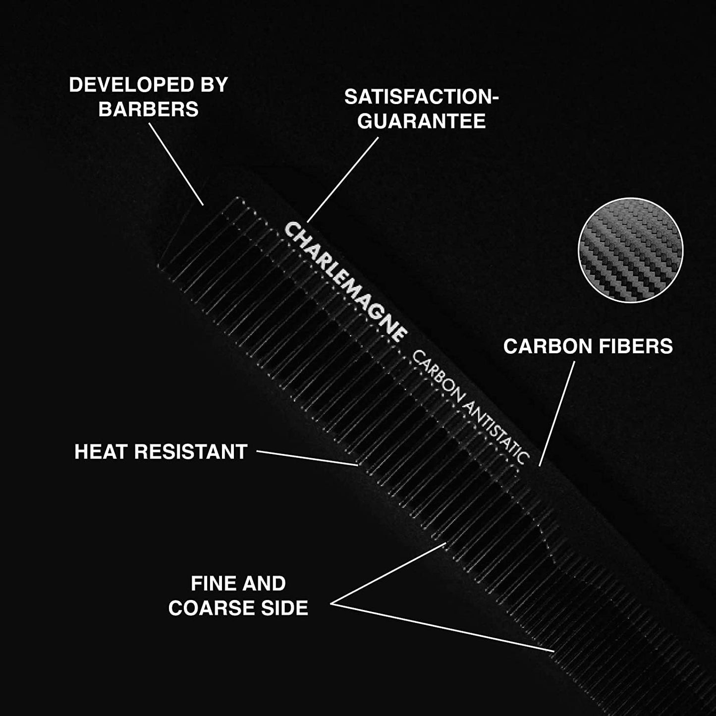 Charlemagne Men's Shatterproof Carbon Hair Comb 18 cm - Anti-Static Fine Comb for Cutting & Styling, for Men & Women - Styling Tools & Appliances