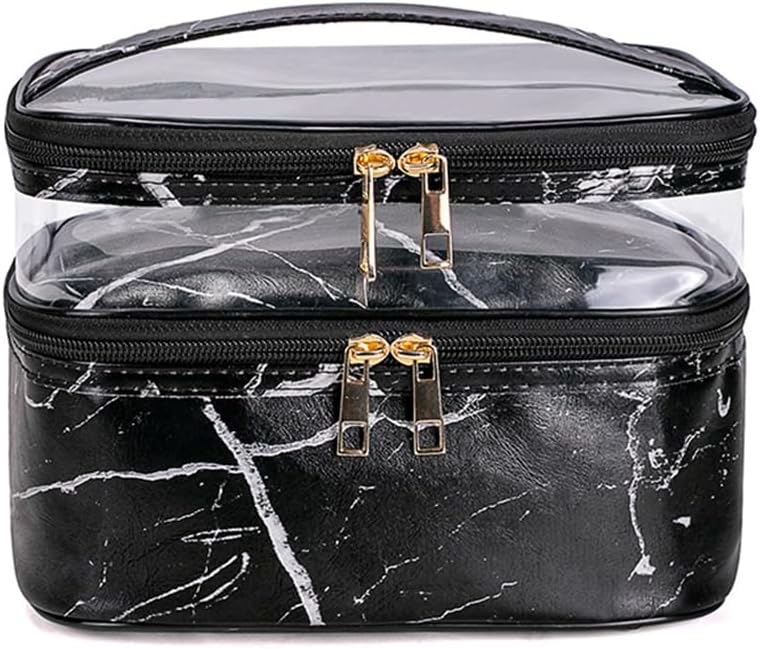 FITINI Makeup Bags Marble Double Layer Travel Storage Cosmetic Cases Make up Organizer Toiletry Bags Water-resistant for Women Makeup Brush Bag,Black