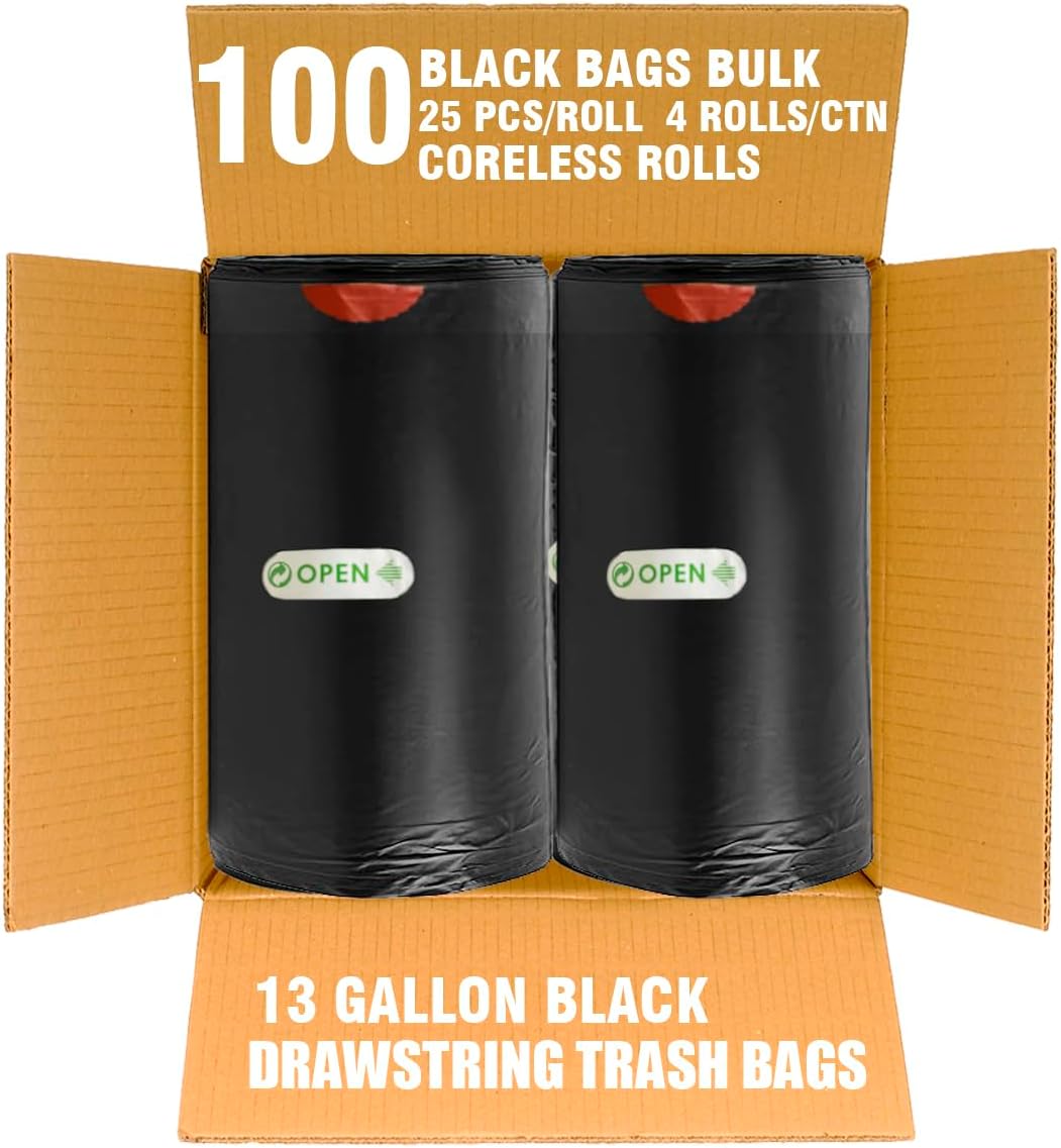13 Gallon Trash Bags Drawstring, 100 Count Bulk, Black & Unscented Garbage Bags, Multi-purpose Tall Kitchen Trash Bags Can Liners for Business Home Commercial and Industrial