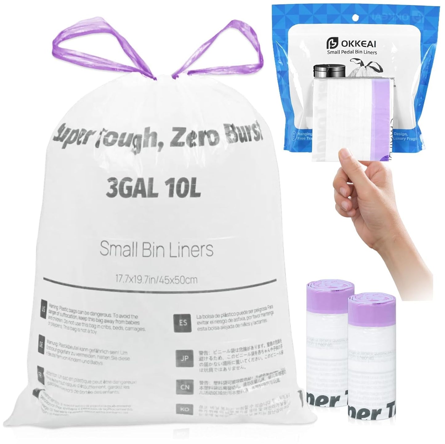 OKKEAI 3 Gallon Small Trash Bags with Drawstring, 64 Count Bathroom Garbage Bags – Leak-Proof Tear-Resistant Wastebasket Liners for Bathroom, Kitchen, Office