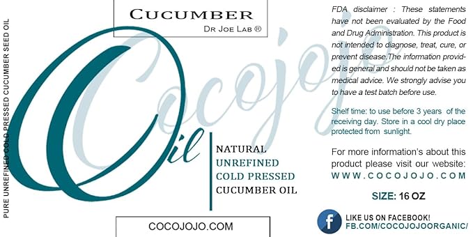 Dr Joe Lab Cucumber Seed Oil - Pure, Unrefined, Cold Pressed, Undiluted, Non-GMO, Virgin Carrier Oil for Skin, Hair, Nails, Body, Face, Beard - 16 Ounces - Nourishing Hydrating Moisturizing Bulk