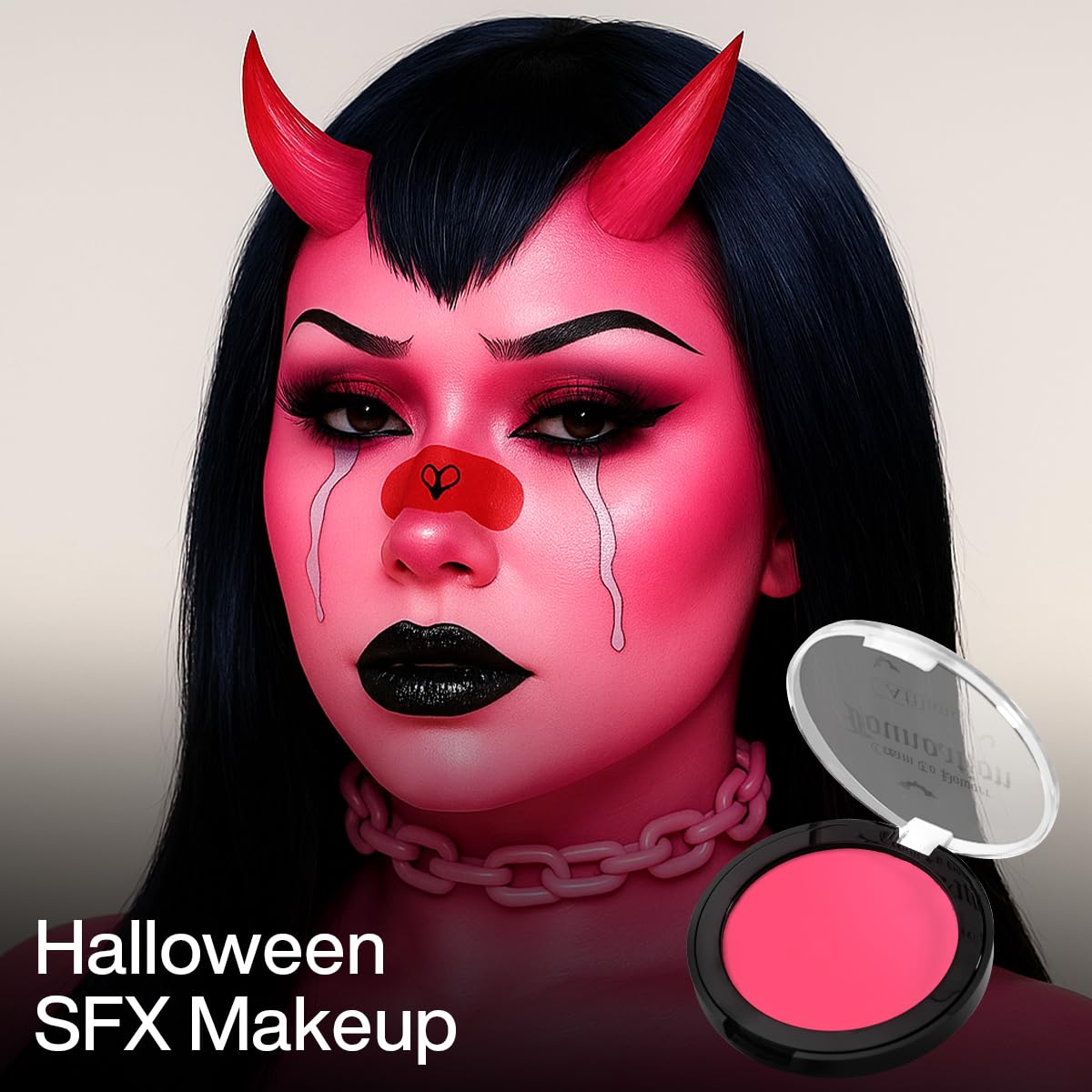 Pink Face Body Paint Cream to Powder Foundation Makeup, Pro Multi-Use Face Painting & Cream Blush for Pink Halloween FX Makeup, Non Toxic Washable Long Last Facepaint for Skull, Goth, Parties, Cosplay