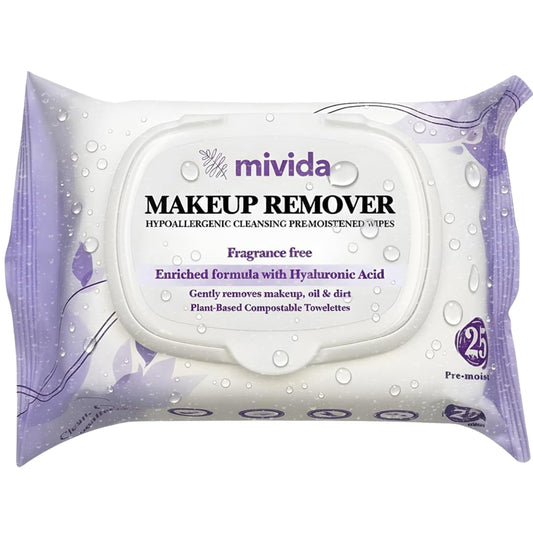 mivida Hypoallergenic Makeup Remover Wipes with Hyaluronic Acid, Alcohol Free & Fragrance Free Makeup Wipes For Sensitive skin, Plant Based Make Up Remover, Travel Friendly 25 Count