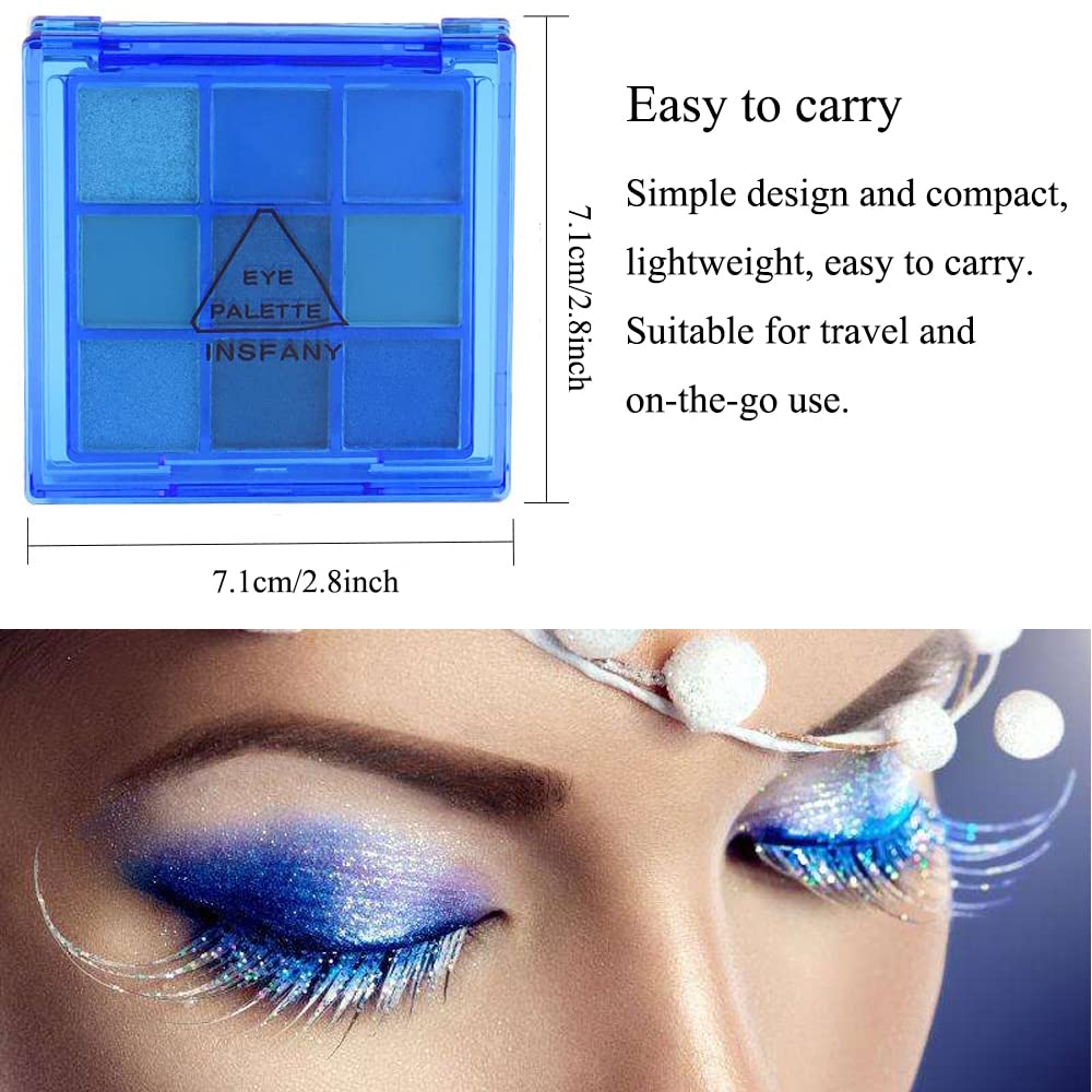 9-Color Glitter Matte Blue Eyeshadow Palette, Silver Grey, Light Blue, Highly Pigmented Waterproof Corpse Bride Makeup for Blue Eyes