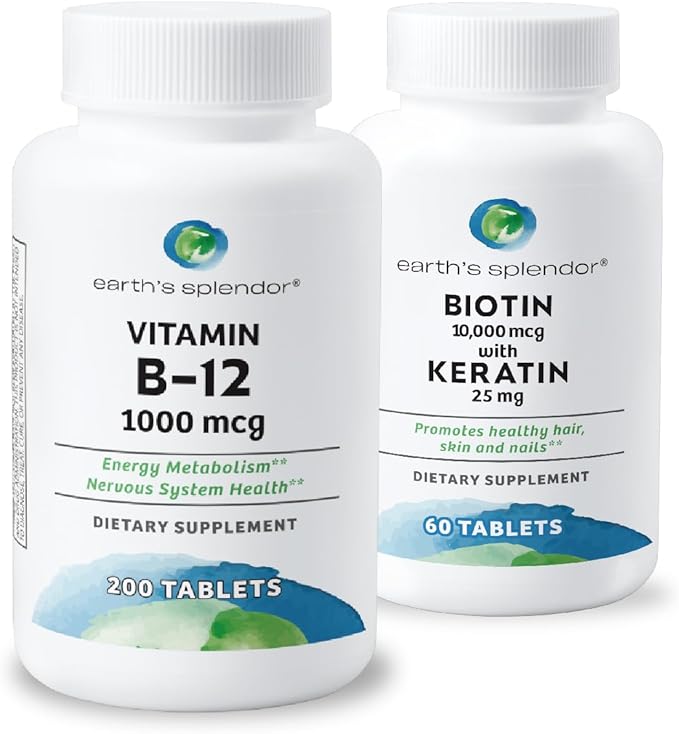 Earth's Splendor Energy & Hair Support: Vitamin B12 (200 Tablets) + Biotin 10,000 mcg & Keratin 25mg (60-Day Supply) - Boosts Energy, Hair, Nails & Skin - No Artificial Colors, Gluten Free