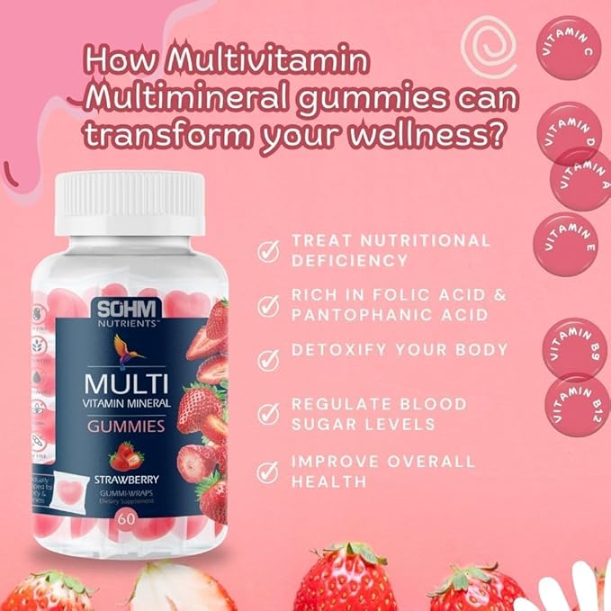 SOHM Multivitamins Gummies, 60 Count, Supports Healthy Life, Vitamin A, Vitamin C,Vitamin E,Vitamin D3,Folic Acid Gummies,Multivitamins for Men and Women
