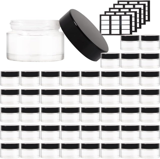 46 pack 1oz Glass Jars with Lids Round Empty Cosmetic Containers, Leak Proof Small Travel Containers Refillable Glass Jars for Face Creams, Lotions,Salves Ointments,Potravel Storage