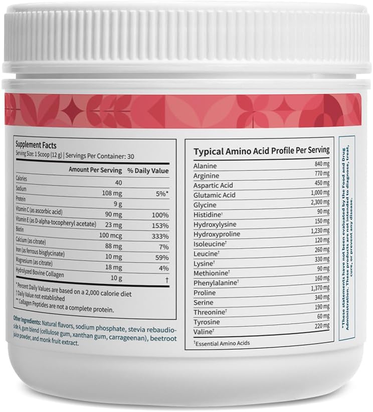 Pattern Wellness Collagen Peptides Powder (Type I & III) - Hair, Nails, Skin & Joint Support - Grass Fed & Pasture-Raised - Hydrolyzed, Non-GMO, Dairy Free, & Keto-Friendly - Strawberry (13 Oz)