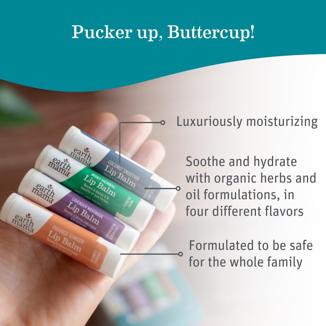 Earth Mama Lip Balm Variety Pack | Quadruplets 4 Pack | Lavender Meringue, Mint Herbal, Coconut Smoothie & Orange Ginger | Soothing & Hydrating Lip Moisturizer | Pregnancy Safe