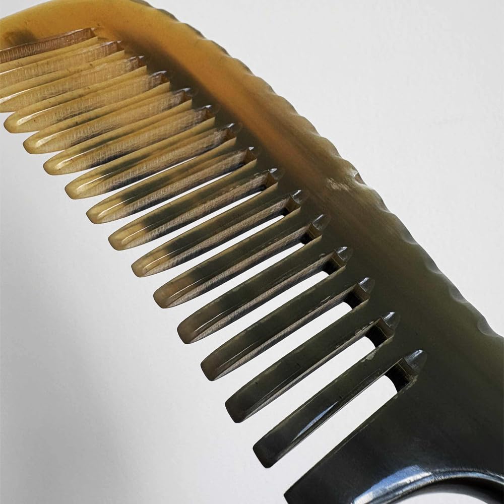 Natural Buffalo Horn Wide Tooth Comb, 8 Inch, Handcrafted Hair and Beard Detangling Comb, Black and Marbled