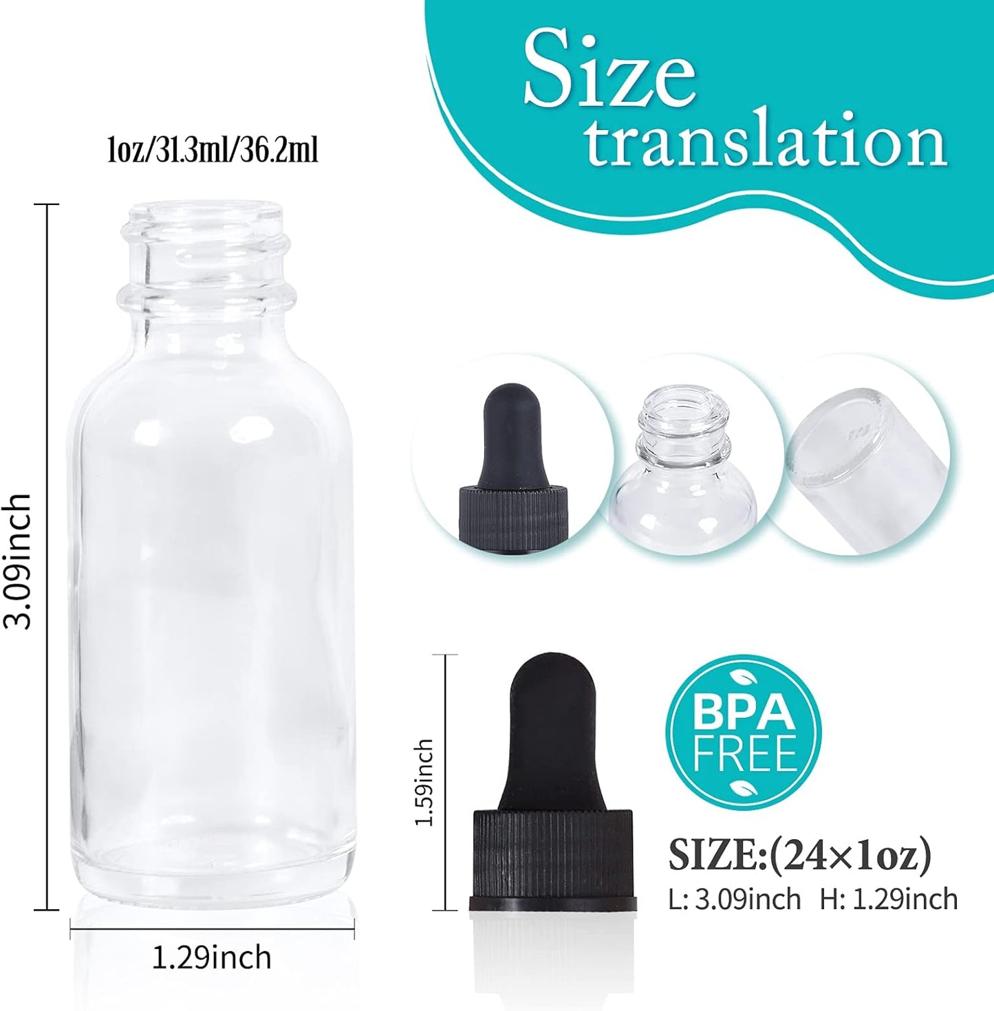 1 oz Dropper Bottle 24 Pack Clear Glass Boston Bottles 30ml with Eye Droppers Black Caps for Essential Oils, Perfume, Leak Proof Travel Bottles for Liquids