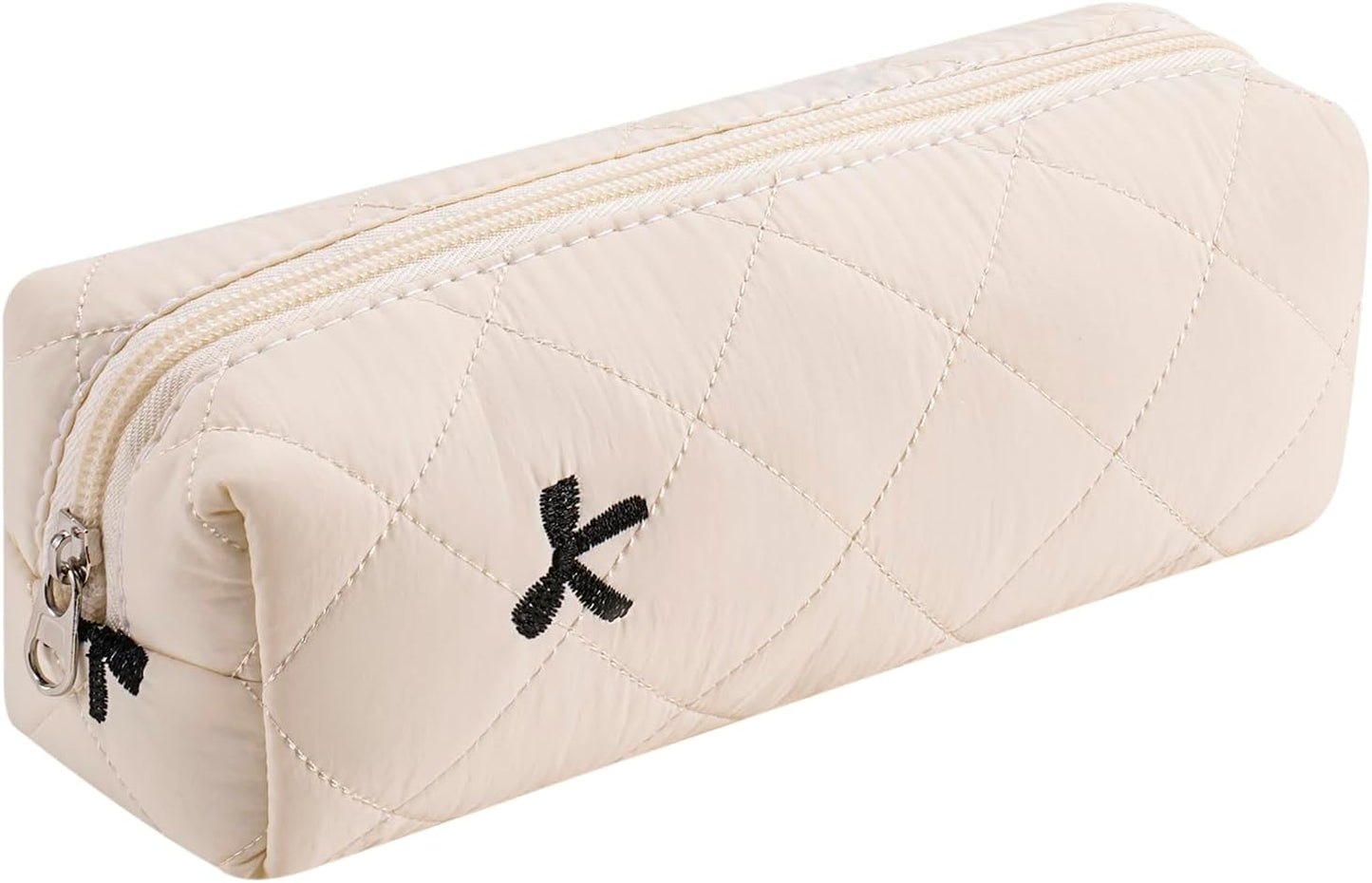 Cute Floral Cotton Makeup Brush Cosmetic Bag for Women, Travel Quilted Zipper Make Up Bag, Flowers Toiletry Organizer Case Kawaii Makeup Cosmetic Travel Cloth Pouch (Beige)