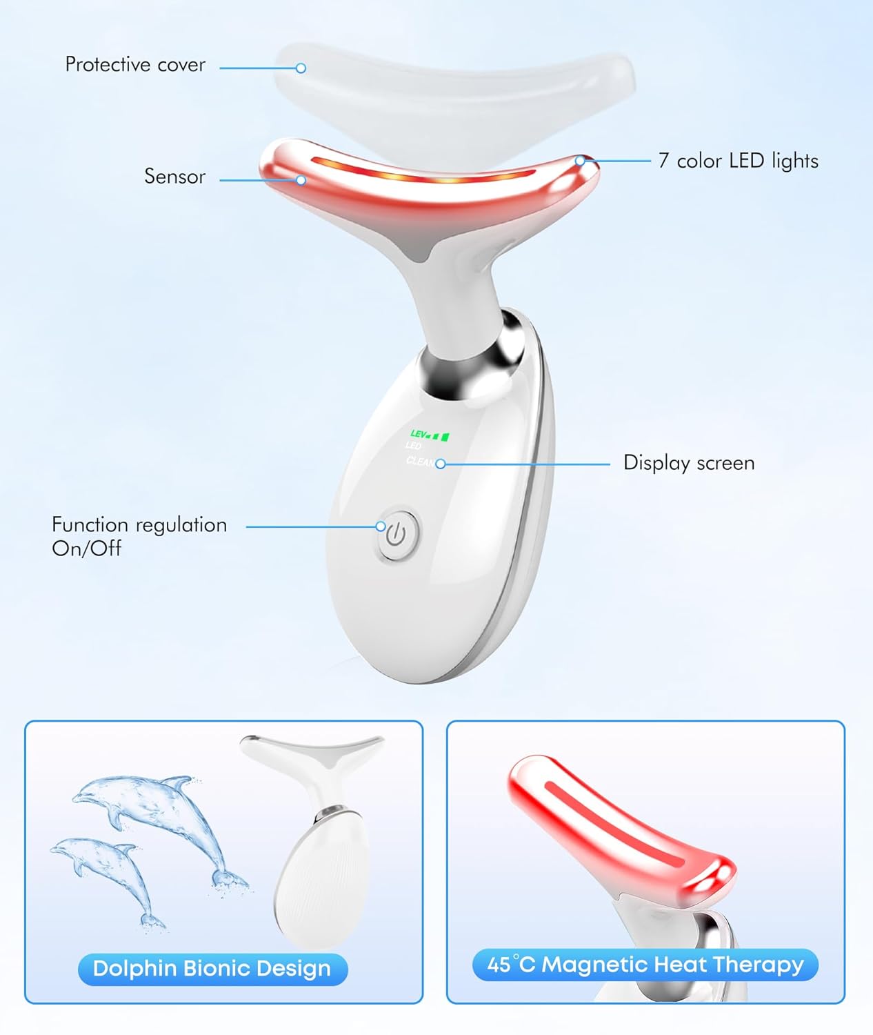 Red-Light-Therapy-for-Face-and-Neck, 7 Color Face Massager Tool for Wrinkles, Double Chin, Vibrating Facial Massager with Thermals for Skin Care, Glossy White