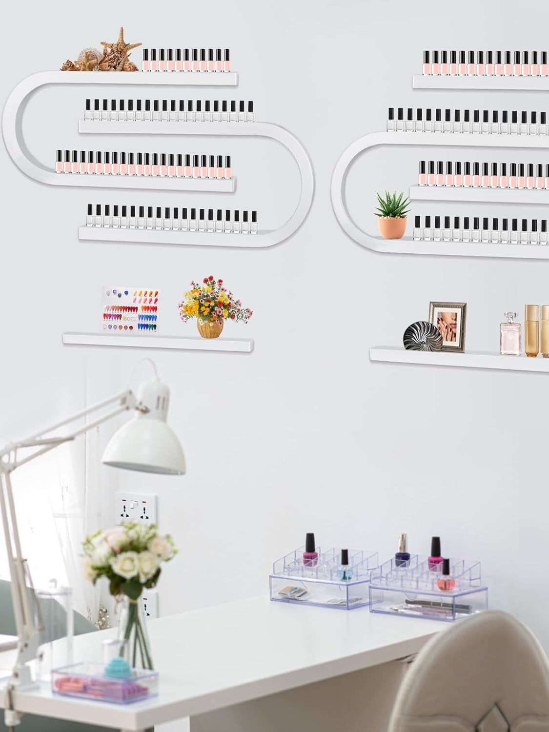 EBANKU 6PCS U Shape Nail Polish Racks Heavy Duty Nail Shelfs for Wall Nail Polish Display Rack Cosmetic Display Cases Nail Polish Organizer Wall Shelf for Home Spa Nail Salon(White)