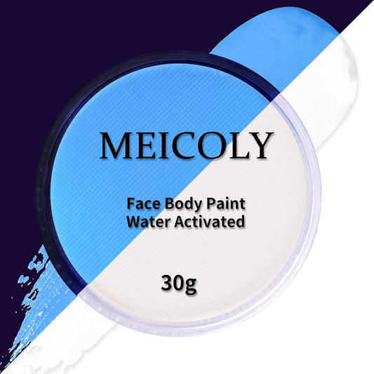 MEICOLY Neon White Face Paint,1.05oz Glow Blacklight Water Based Body Paint,Fluorescent Water Activated Face Paint for Adult and Children,Halloween White Face Paint Split Cake,White/UV Blue