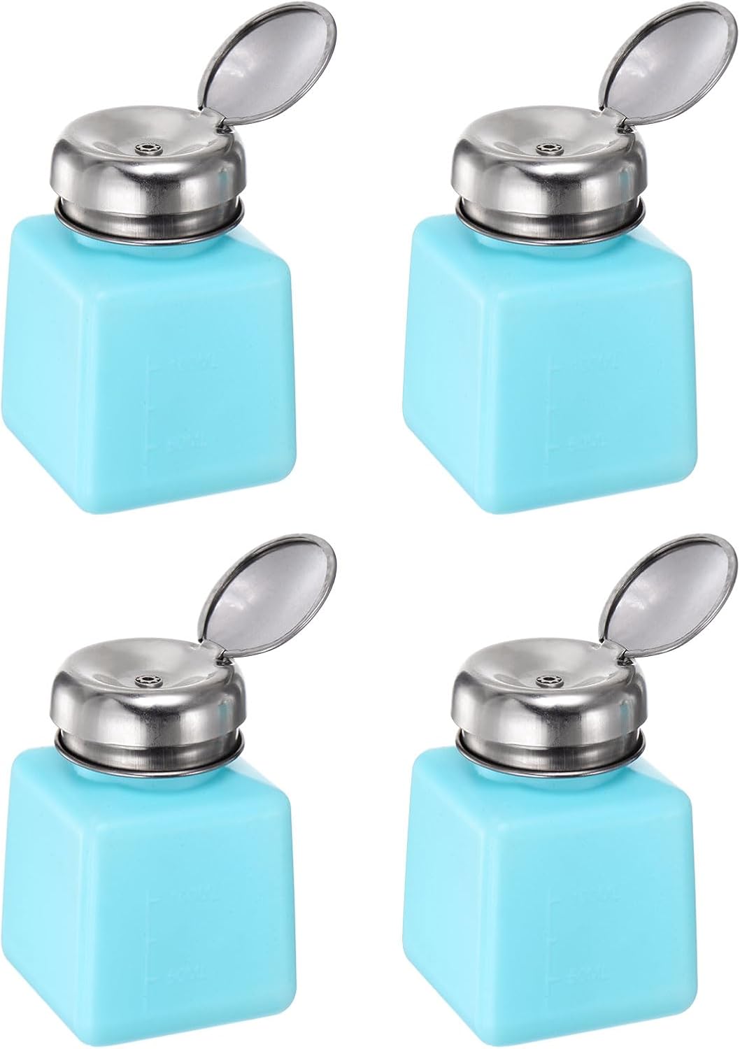 HARFINGTON 4PCS 100ML(3.4oz) Push Down Alcohol Dispenser Pump Liquid Press Empty Bottles Refillable Container for Acetone Cleanser Nail Polish Remover, Blue