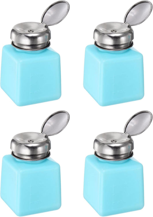 HARFINGTON 4PCS 100ML(3.4oz) Push Down Alcohol Dispenser Pump Liquid Press Empty Bottles Refillable Container for Acetone Cleanser Nail Polish Remover, Blue