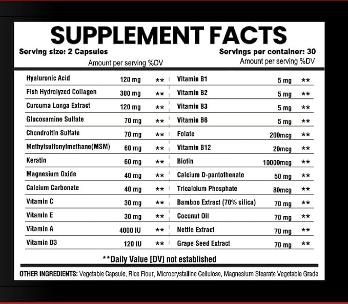 Hyaluronic Acid, Biotin, Collagen, Keratin, Cucurma, Vitamins 25,000 Beauty Complex, 60 Veggie Capsules, Hair Growth, Nail Join Bone Health Supplement