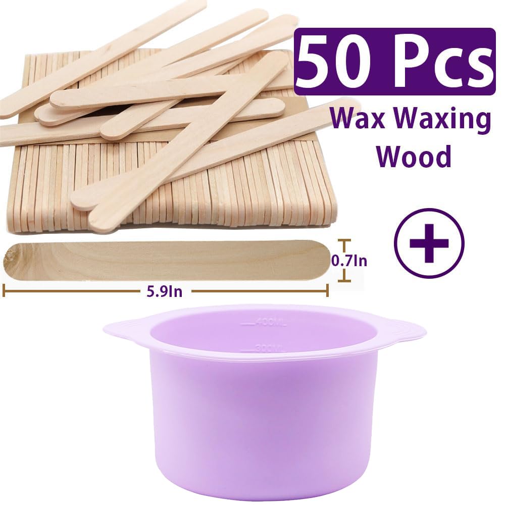 Silicone Wax Warmer Liner, Silicone Wax Bowl for Warmer 14 oz, Non-Stick Melt Pot Replacement, Reusable Melt Liner with 50 Pcs Waxing Sticks & 50 Pcs Protective Collars Ring