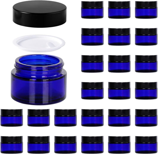1oz Glass Jar with Lid, Hoa Kinh 25Pack Blue Round Containers Cosmetic Glass Jars with Inner Liners and Black Lids Travel Jars for Storing Lip and Body Scrub, Lotion, Body Butter, Bath Salts, Liquid