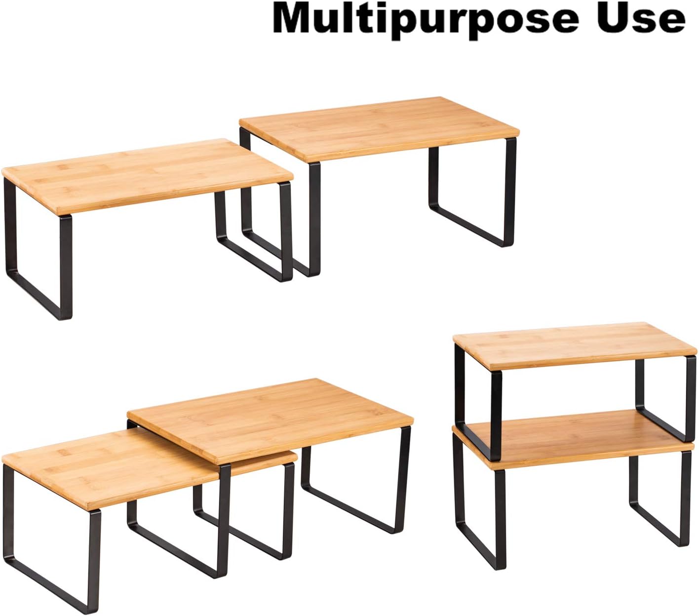 MOOACE Kitchen Cabinet and Counter Shelf Organizer, Stackable & Expandable, Set of 4, Black and Natural