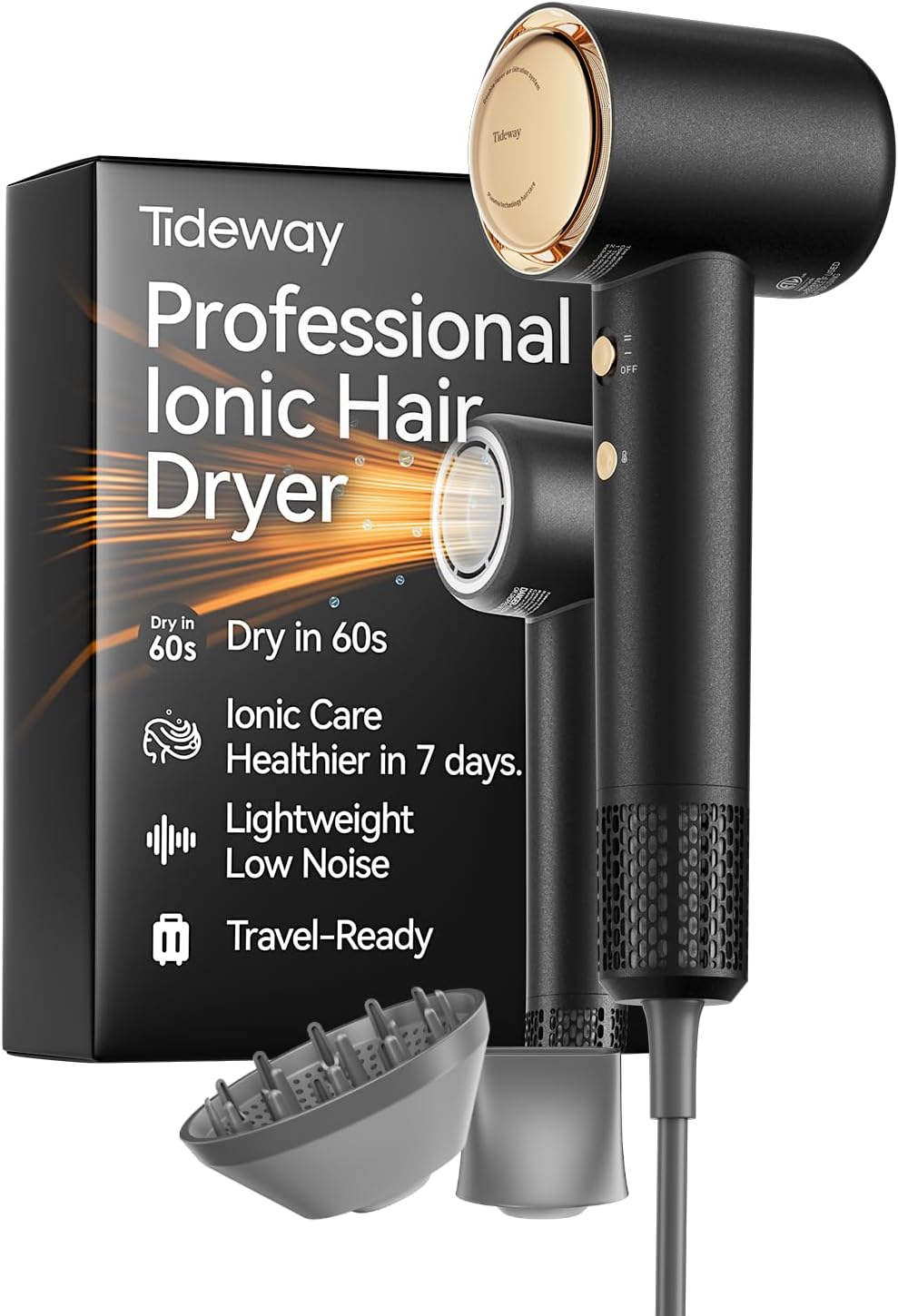 Tideway Hair Dryer, Blow Dryer with Diffuser High-Speed Plasma Ionic Low Noise for Fast Drying, Travel Hair Dryer for Women and Man, Curly/Wavy & Long/Thick Color-Treated Hair H11