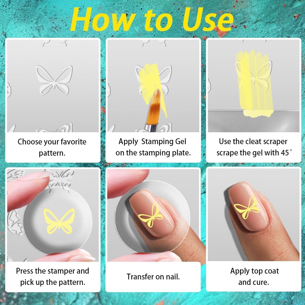 3Pcs Butterfly Nail Stamping Plate Set Cute Boho Butterflies Nail Stamp Templates Metal Reusable Tools with Stamper Scraper for Manicure Printing