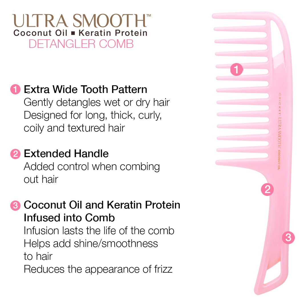 Cricket Ultra Smooth Coconut Detangler Comb - Infused with Coconut Oil & Keratin for Frizz-Free Shine, Gentle on Wet & Dry Hair, Extended Handle for Thick & Curly Hair - Pink