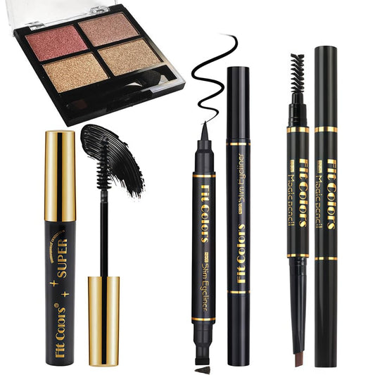 sam sugar 4-in-1 Eye Makeup Kit 4-Color Eyeshadow Palette Double-Ended Liquid Eyeliner Volumizing Mascara Eyebrow Pencil & Brush for Daily Makeup（03#）
