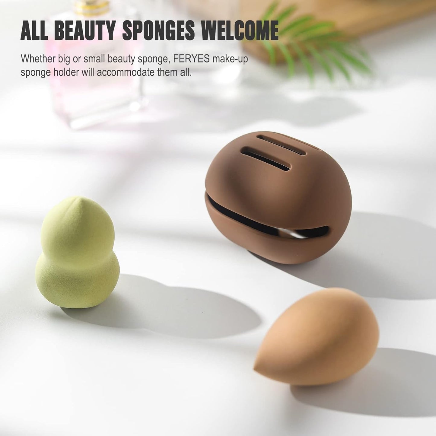 FERYES Makeup Sponge Holder – Shatterproof Eco-Friendly Silicone Beauty Make Up Blender Case for Travel - Brown