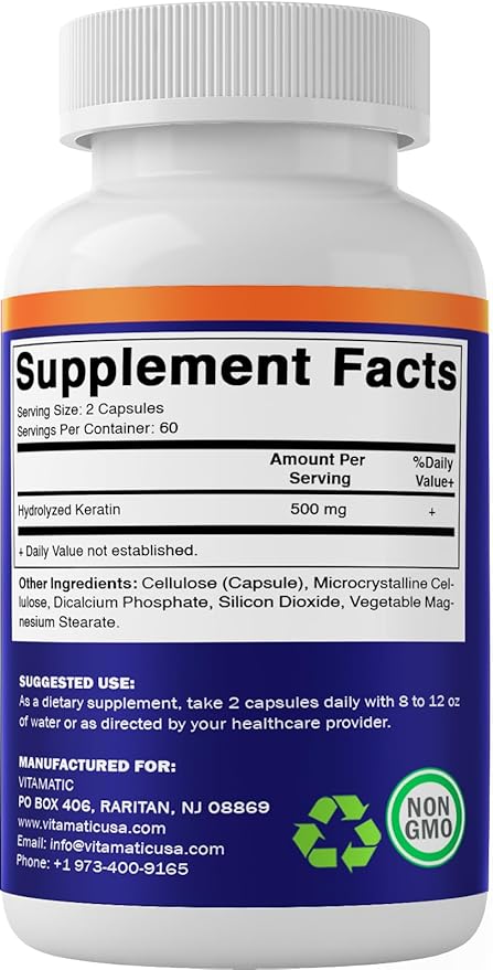 Vitamatic Hydrolyzed Keratin 500mg per Serving - 120 Vegetarian Capsules - Keratin Supplements for Healthy Hair Skin & Nails for Adults