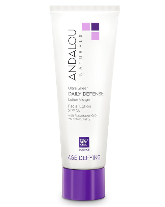 Andalou Naturals Age Defying Ultra Sheer Daily Defense Facial Lotion SPF 18 - Lightweight Sunscreen Moisturizer for Face - With Resveratrol CoQ10 - For All Skin Types - 2.7 oz