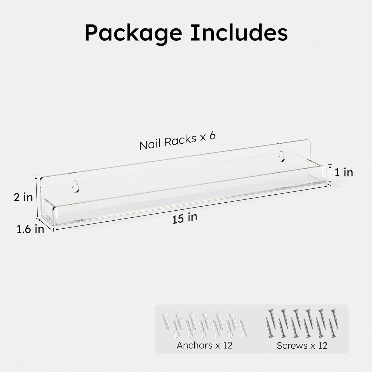 FEMELI Nail Polish Wall Rack: 6 Shelves 15 Inch Clear Acrylic Nail Polish Organizer for 66-90 Bottles Multi-Purpose Acrylic Floating Shelves (15 Inch, Clear)