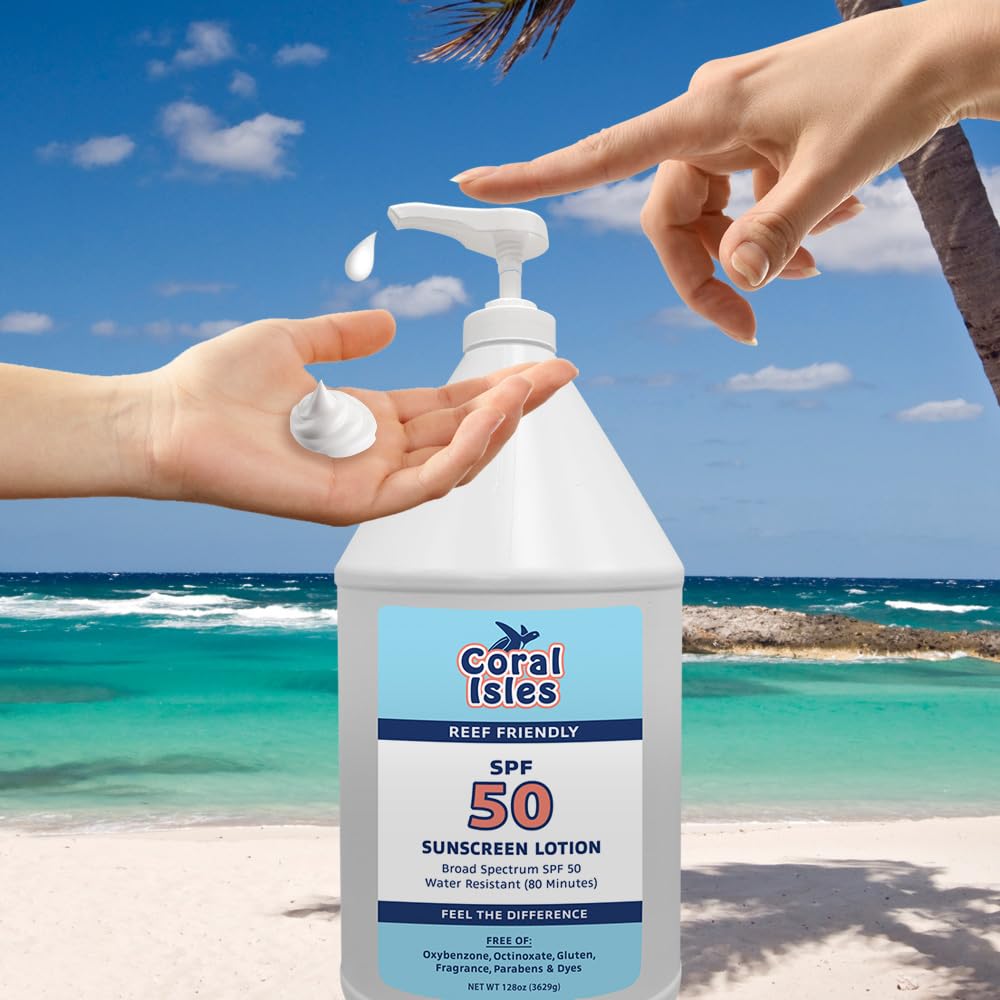 Coral Isles by Rocky Mountain Sunscreen | SPF 50 Lotion | Broad Spectrum UVA/UVB Protection | Hawaii Reef-Safe Act Compliant | Oxybenzone & Octinoxate Free | Water Resistant 80 Min. | 128 Fl Oz