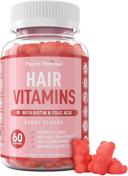 Purely Optimal Premium Hair Vitamins Supplement-Gummy Vitamins w/Biotin, Folic Acid, Vitamins A&D-Supports Faster Hair Growth & Promotes Healthy Hair, Skin, & Nails-60 Non-GMO Berry Flavored Gummies