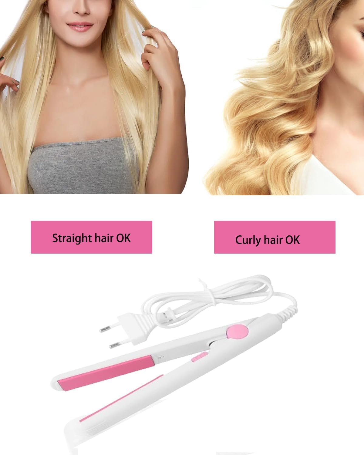 2 in 1 Mini Hair Straightener, Mini Hair Curler Mini Hair Straightener,Ceramic Tourmaline Plate, Beauty Flat Iron Heating Curler,for Travel Flat Iron Dormitory or Home (White)