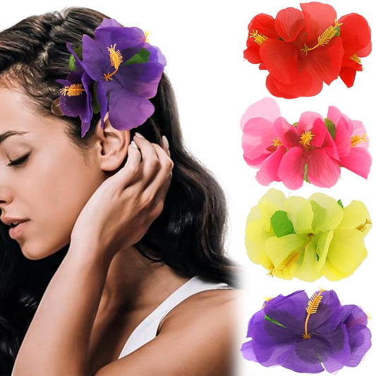 Ahoney 4 Pieces Hawaiian Hibiscus Flower Hair Accessories - Artificial Chiffon Barrettes, Pins for Women, Girls, Beach Luau Party Decor (Purple/Red/Pink/Yellow)