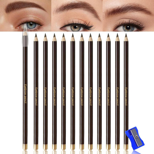 12Pcs Long Eyebrow Pencils Set, Dark Brown Natural Look, for Eyebrows & Eyeliner,Waterproof & Sweat-Proof Wooden Hard-Core Brow Pencil with Sharpener,Long Lasting Makeup Kit for Beginners 105#