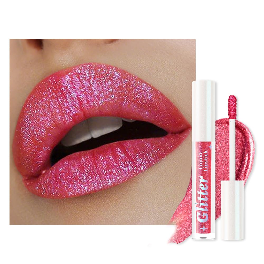 Orange Pink Metallic Lipstick for Women,Lightweight Glitter Sparkling Liquid Lipsticks,Shimmer Lip Gloss Stain Long Lasting Waterproof Smudge Proof Non-Drying 24 Hour Full Coverage Lip Makeup,Vegan