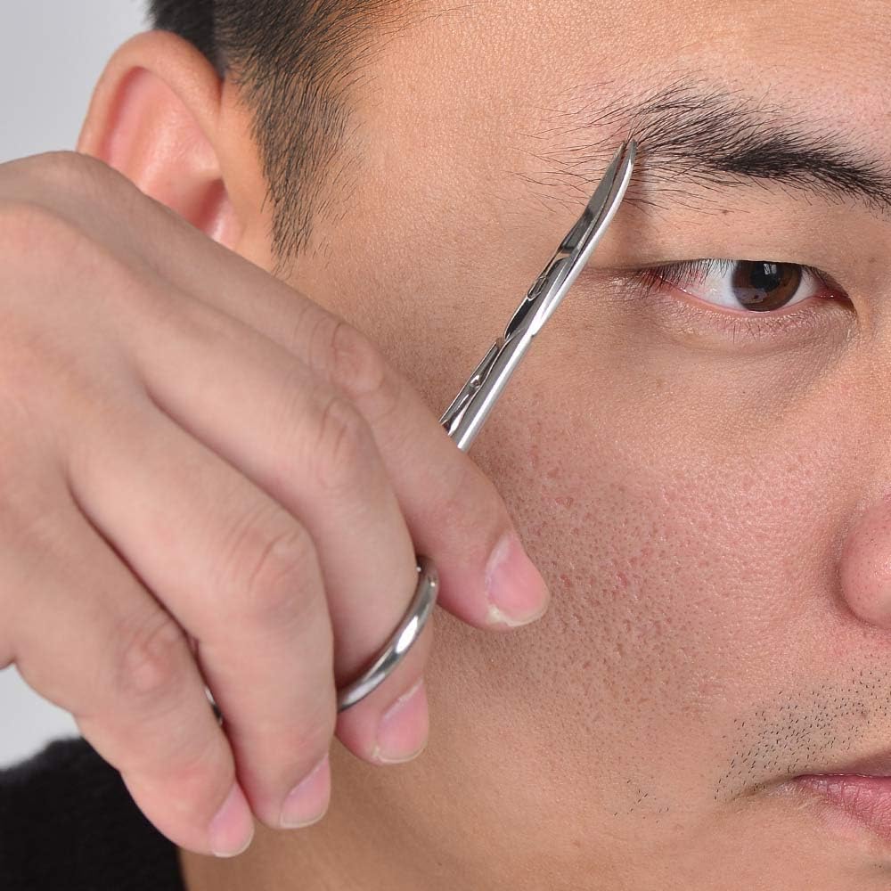 Professional Stainless Steel Curved Rounded Facial Hair Scissors Tweezers Set For Men Moustache, Nose Hair, Beard Trimming Scissors,Safety Use for Eyebrows,Eyelashes,Ear Hair - PU Leather Bag