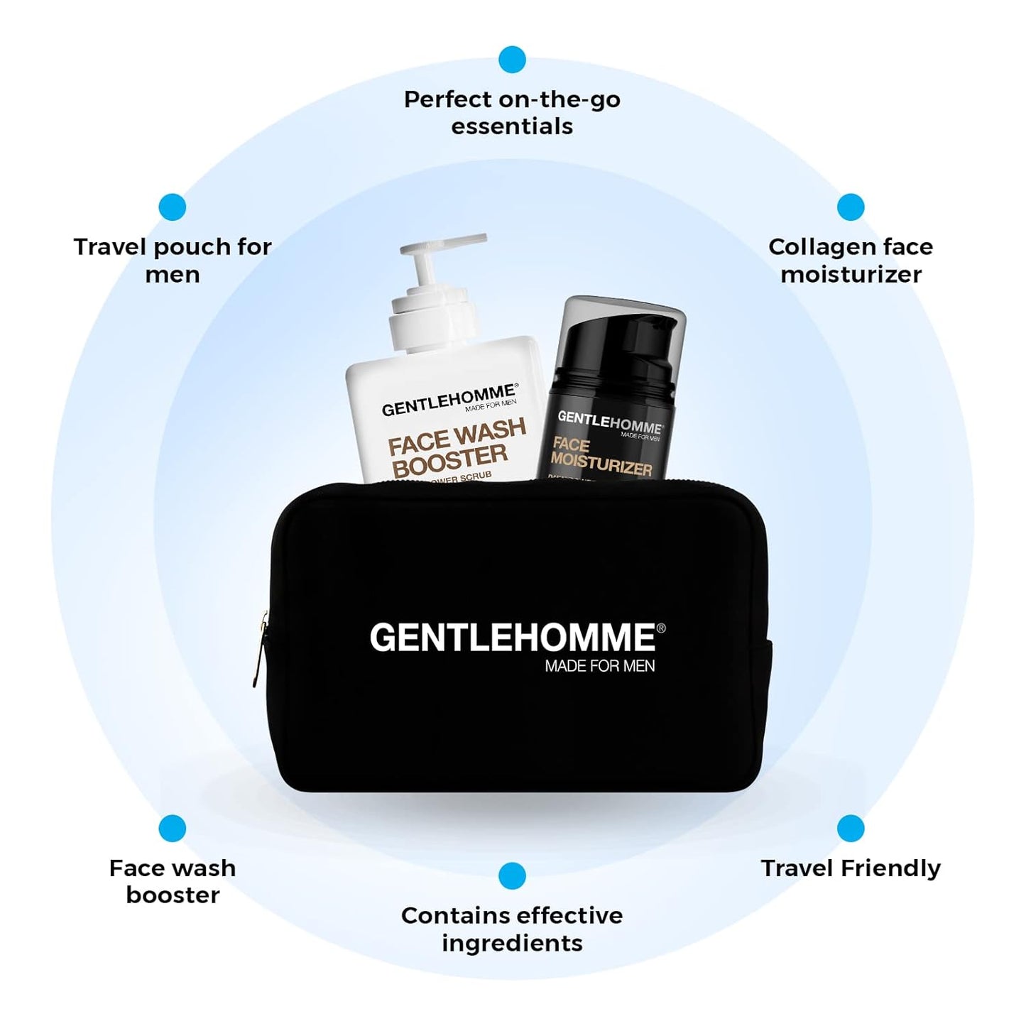 Gentlehomme Facial Kit - Pouch, Facial Cream & Cleanser for Men, Face Essentials for Travel, Men's Travel Skincare Set - Includes Facial Cream (1.8 oz), Exfoliating Face Wash Booster (3.4 oz) & Pouch