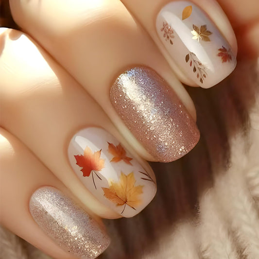 Glitter Fall Press on Nails Medium Square Thanksgiving Fake Nails with Maple Leaf Design Autumn Acrylic Glue on Nail Glossy Maple Leaves Artificial Stick on Nail for Women DIY Manicure