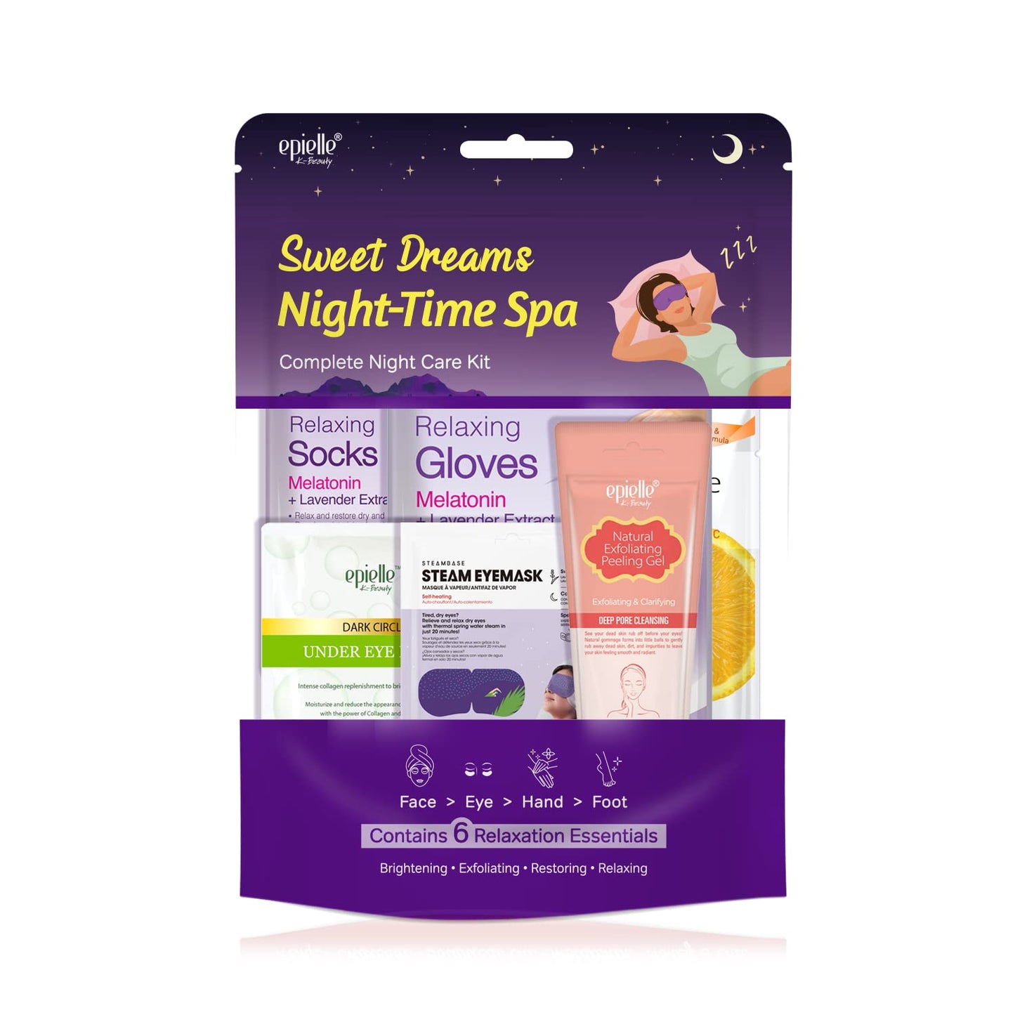 Epielle Sweet Dream Night-Time Spa Kit, 6 Relaxation Essentials, Exfoliating, Restoring, Moisturizing & Hydrating for Radiant Skin, At-Home Spa Kit, Self Care Gifts for Women, Korean Skin Care Set