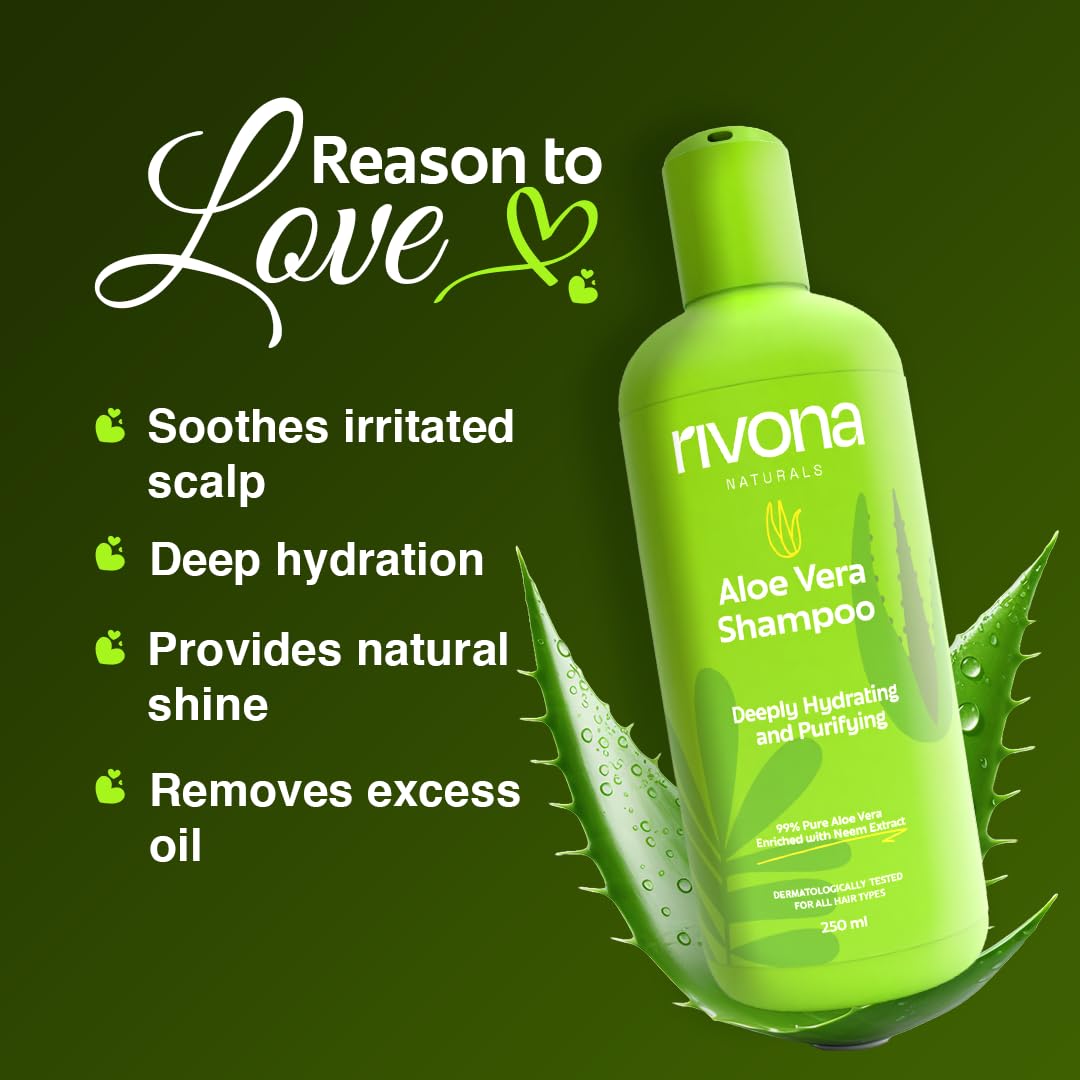RIVONA NATURALS 99% Pure Aloe Vera hydrating Shampoo with Neem for Damaged, Dry and Frizzy Hair - Organic, Natural, Vegan, Sulfate, Alcohol and Paraben Free Shampoo