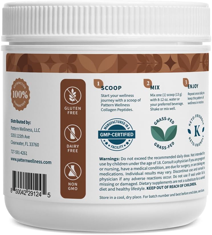 Pattern Wellness Collagen Peptides Powder (Type I & III) - Hair, Nails, Skin & Joint Support - Grass Fed & Pasture-Raised - Hydrolyzed, Non-GMO, Dairy Free, & Keto-Friendly - Chocolate (13 Oz)